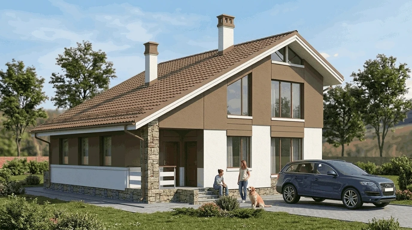 Проект каркасного дома с террасой до 150м²