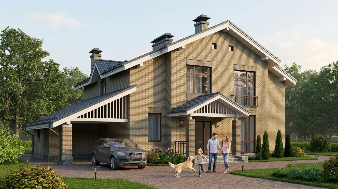Проект дома с площадкой для машины из кирпича до 250м²